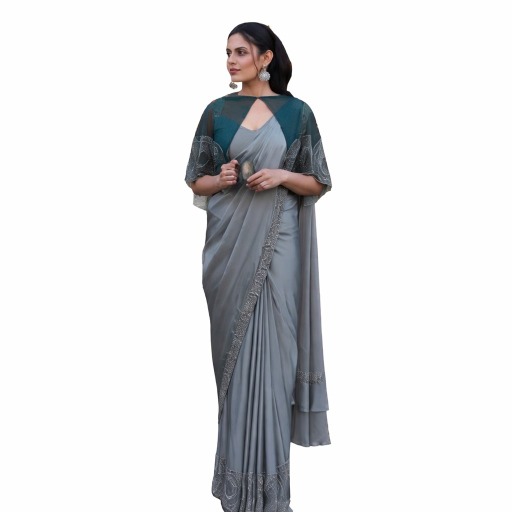 Elegant Ombre Satin Saree With Cape Sleeves For Formal And Festive Occasions